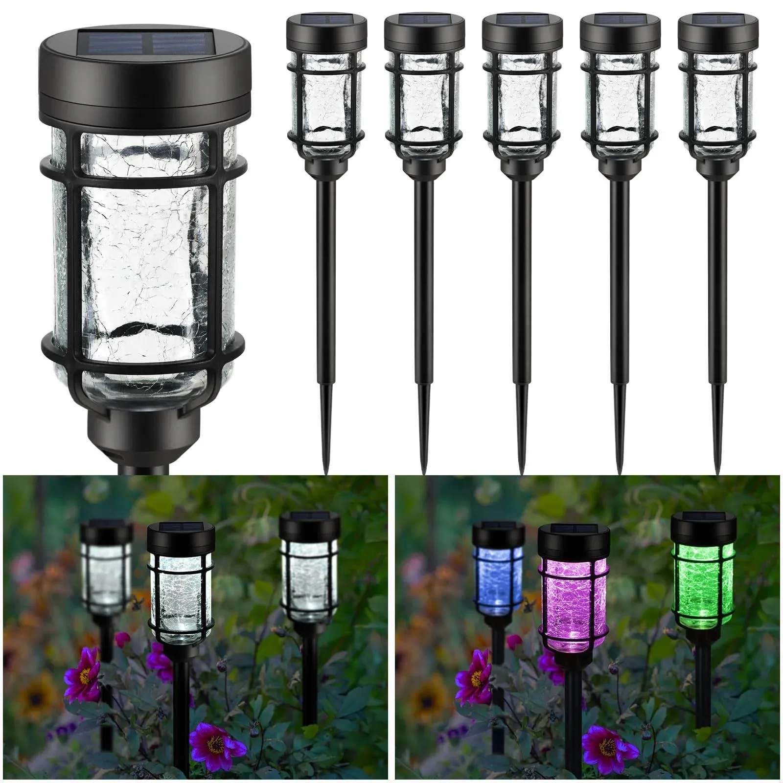 SUNNYPARK Solar Pathway Lights 6 Pack, Color Changing+Cool White LED Solar Lights Outdoor, Waterproof Solar Crackle Glass Stake Lights for Garden Path Walkway Backyard Lawn Landscape Decoration