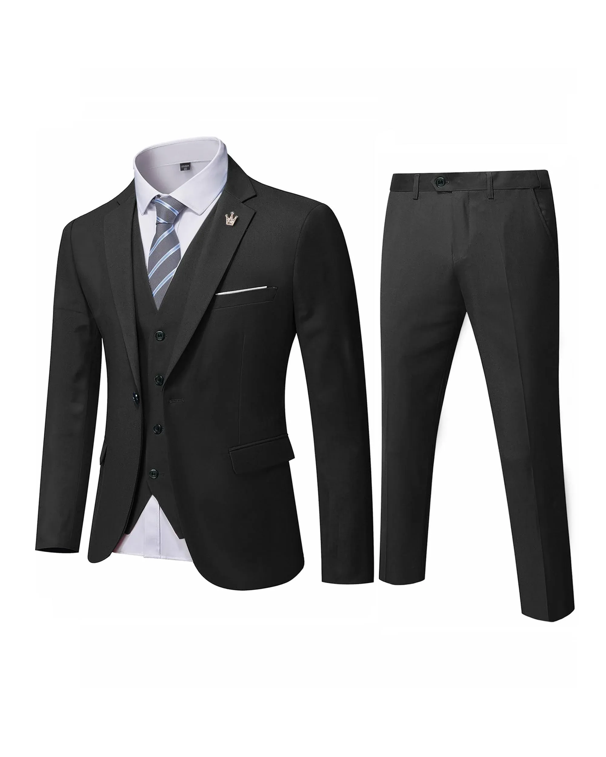 Mys Men's 3 Piece Slim Fit Suit Set, One Button Solid Jacket Vest Pants with Tie