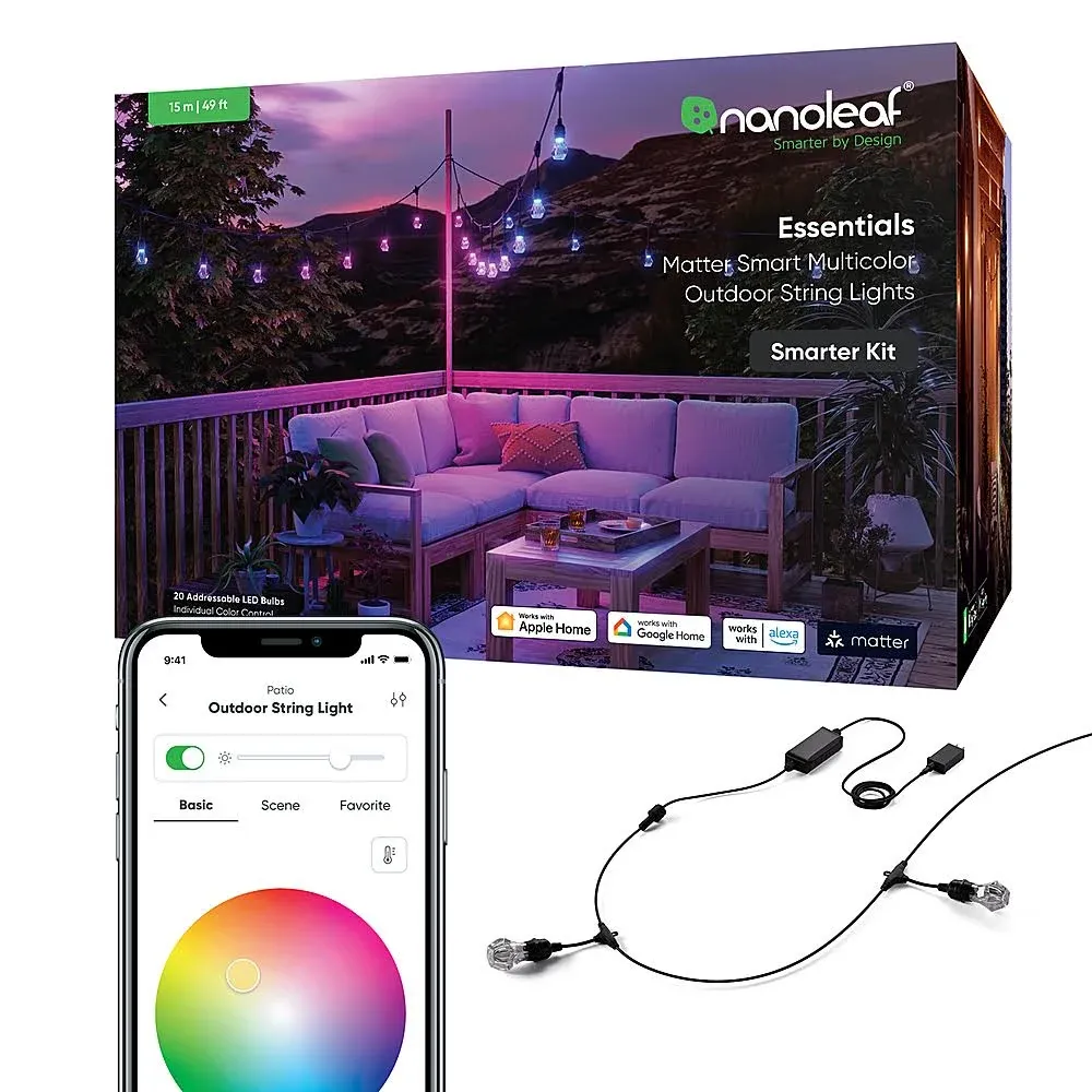 Nanoleaf Essentials Matter Smart Multicolor Outdoor String Lights Smarter Kit with Addressable RGBICW LED Bulbs, White and Color-Changing, Wi-Fi + Bluetooth, IP 65 Water Resistant (49ft Expansion)