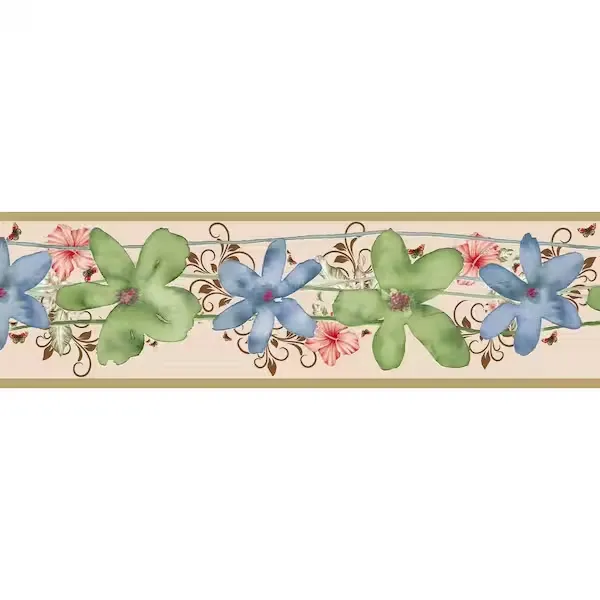 Dundee Deco DDAZBD9053 Peel and Stick Wallpaper Border - Kids Green, Blue, Pink Flowers, Butterflies Wall Border Retro Design, 15 ft x 7 in (4.57m x 17.78cm), Self Adhesive