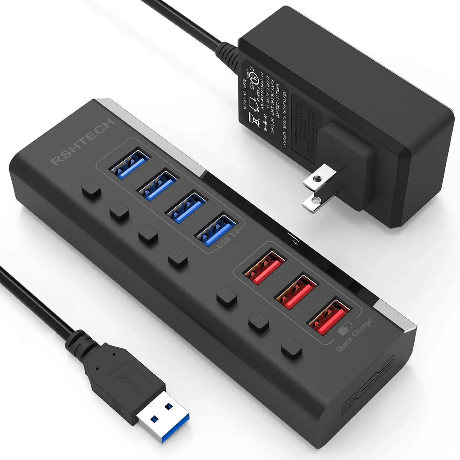 RSHTECH Powered USB Hub 7 Ports USB 3.0 Hub with 4 High Speed Data Transfer Ports ...