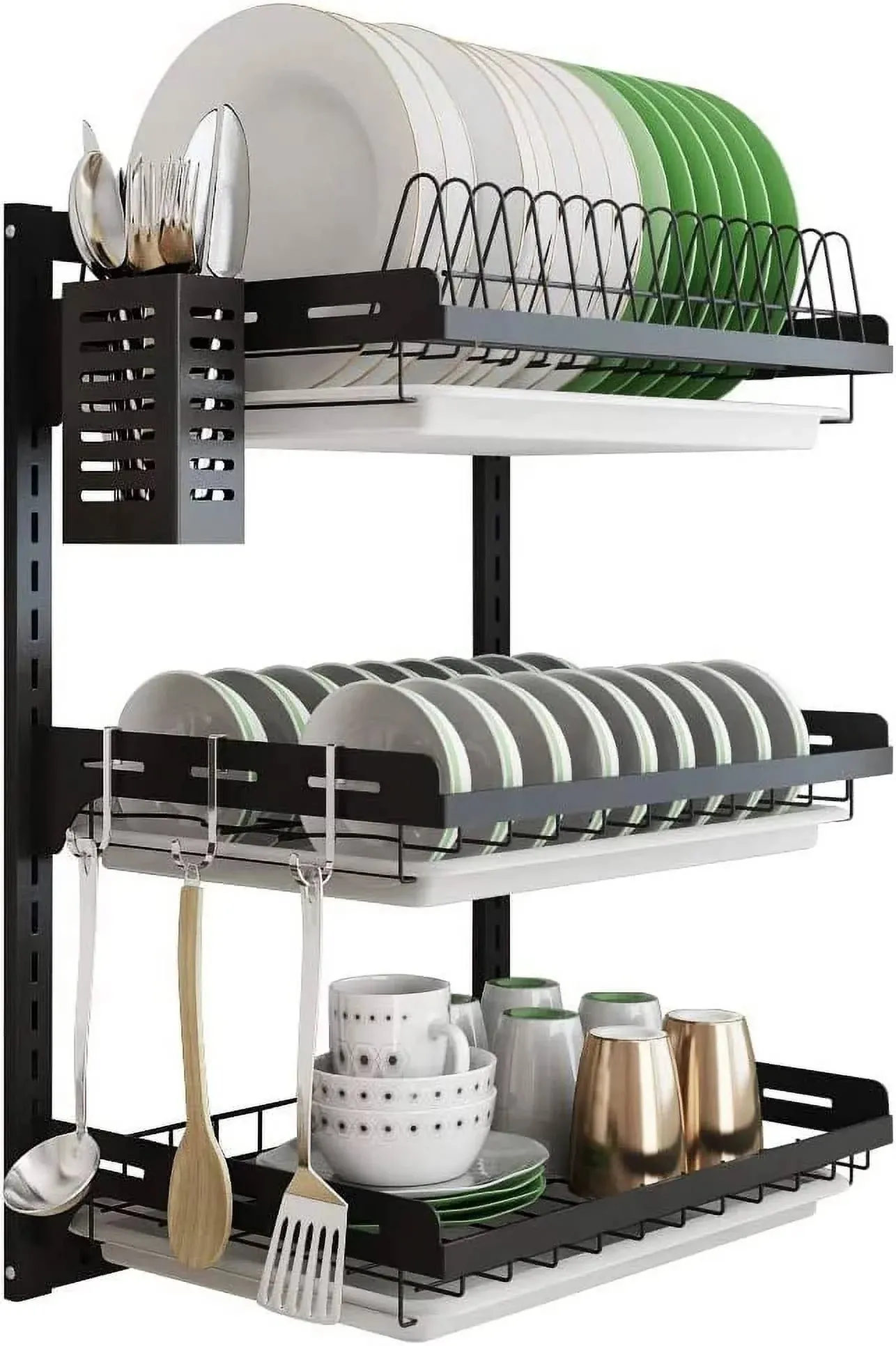 3 Tier Black Stainless Steel Dish Drying Rack Fruit Vegetable Storage Basket with Drainboard and Hanging Chopsticks Cage Knife Holder Wall Mounted Kitchen Supplies Shelf Utensils Organizer