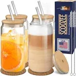 Glass Cups with Bamboo Lids and Straws (18Oz, Set of 4) Iced Coffee Cup, Ice Tea