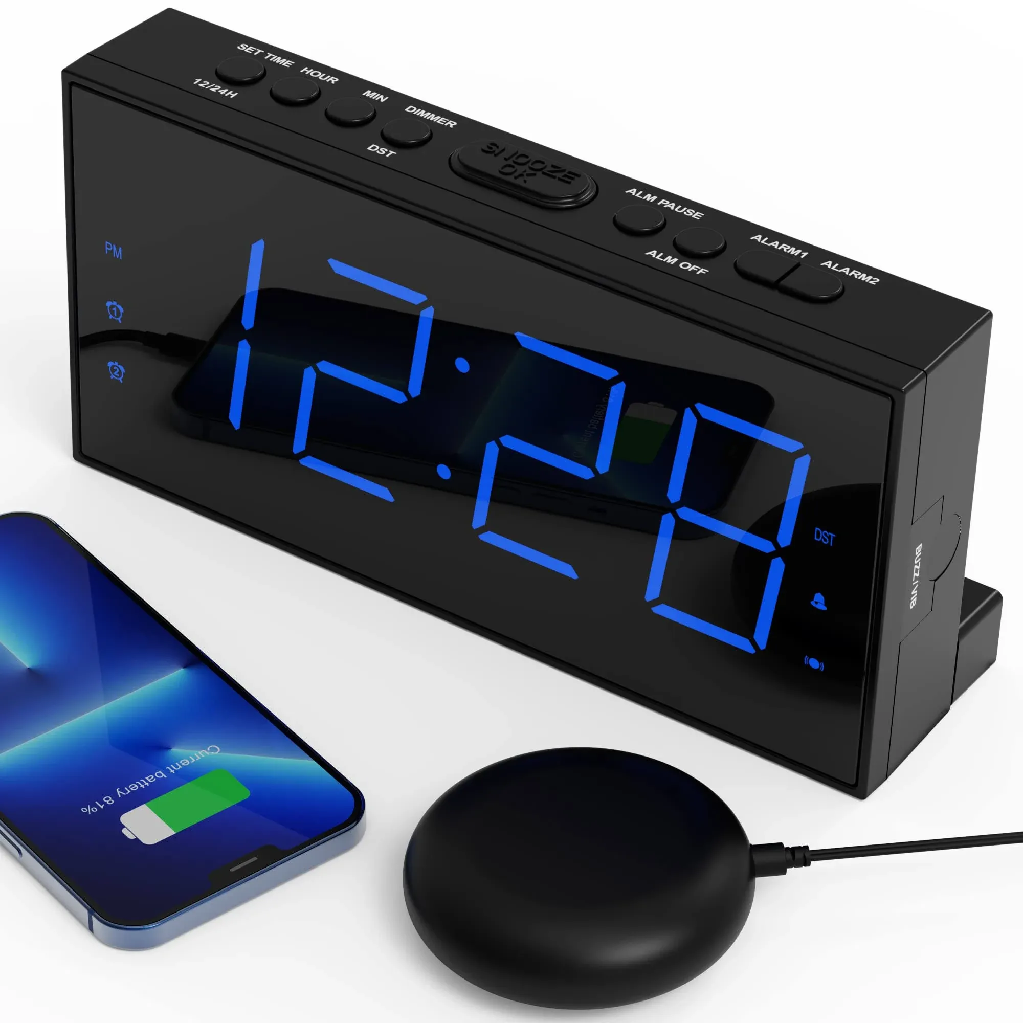 Super Loud Alarm Clock for Heavy Sleepers, Vibrating White With Bed Shaker 