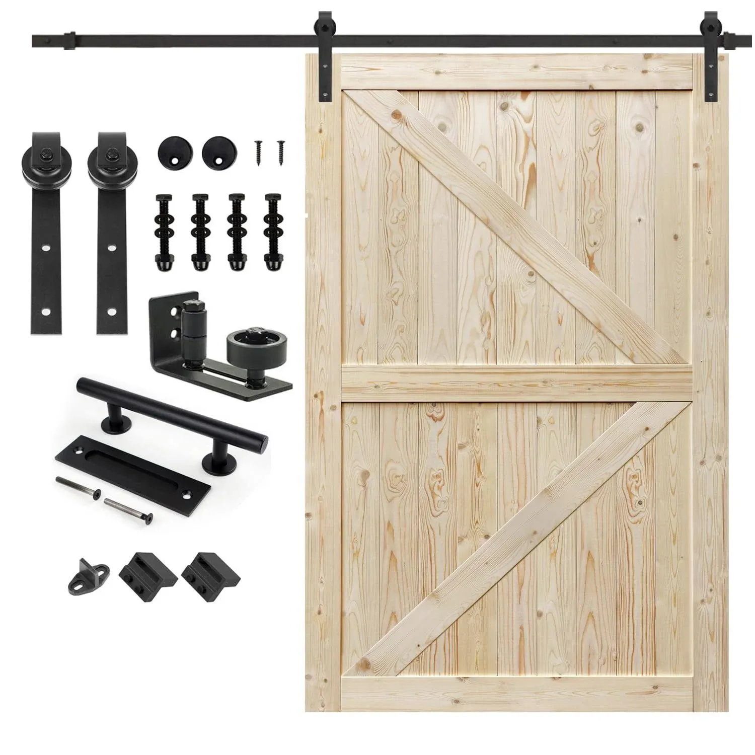 S&Z TOPHAND 54 in.x 80 in. Unfinished British Brace Knotty Barn Door with 10FT Sliding Door Hardware Kit/Solid Wood/Sliding Door/Double Surfaces/Simple Assembly is Required/Door 80in(54, Door+J Shape)