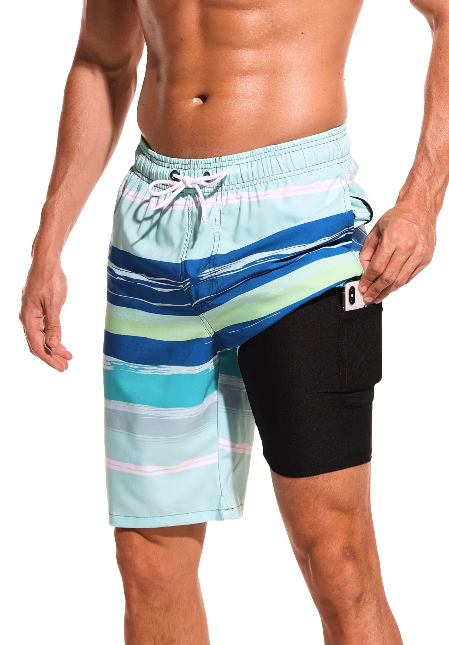 difficort Mens Swim Trunks with Compression Liner Quick Dry Bathing Suits Shorts with Zipper Pockets