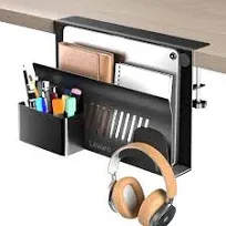 Litwaro Desk Side Storage Organizer, Under Desk Laptop Holder Clamp on Desk Shelf, No Drill Laptop Desk Mount with Magnetic Pen Holder, Hanging Desk Organizer Fits Flat Edge Desk 0.4" to 2"