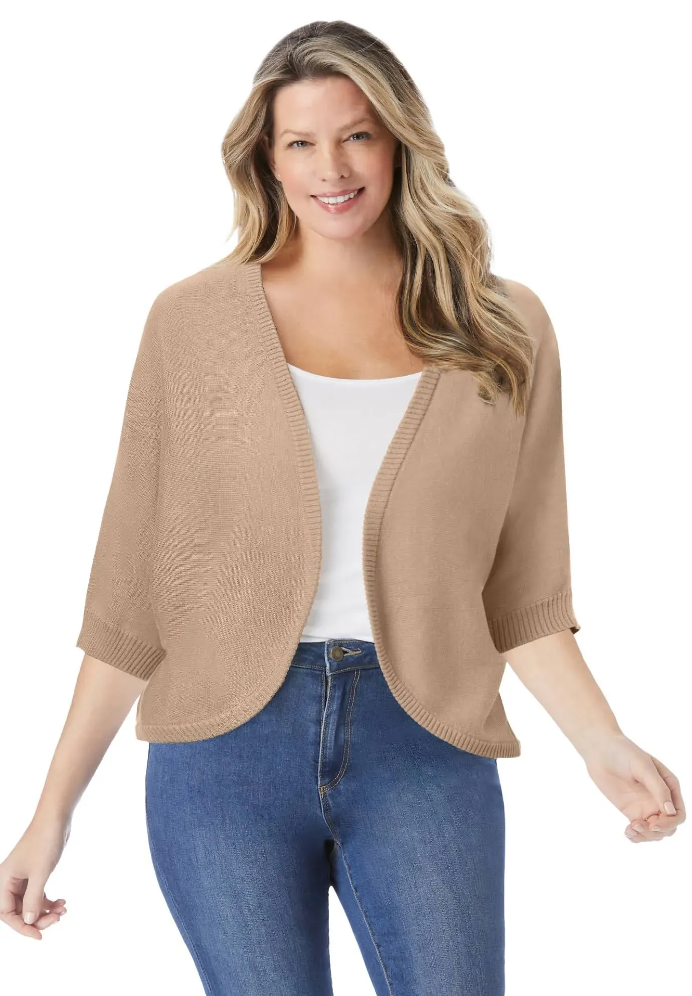 Woman Within Women's Plus Size Rib Trim Cardigan Shrug - 3X, New Khaki