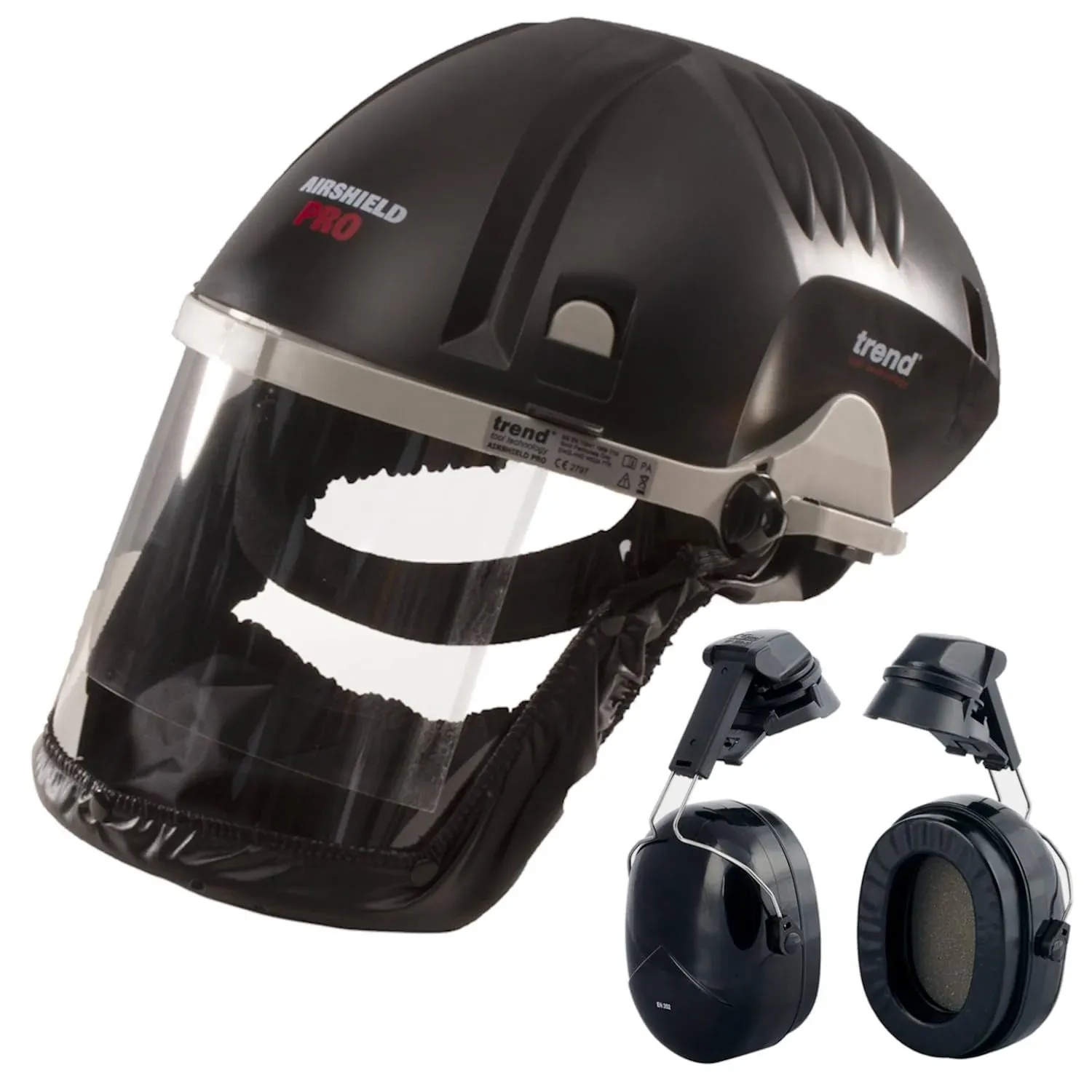 Trend Airshield Pro Full Air Circulating Face Shield w/ Ear Defenders - Complete Face and Hearing Protection Pack, AIR/PRO/D2