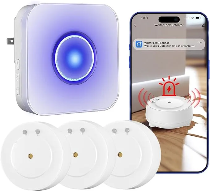 WiFi Water Leak Detector, Water Alarm with 110db Adjustable, 492ft Transmission Water Leak Sensor for Home, Laundry, Kitchen, Basement,3 Water Detectors & 1 Base Station(2.4GHz Wi-Fi only)