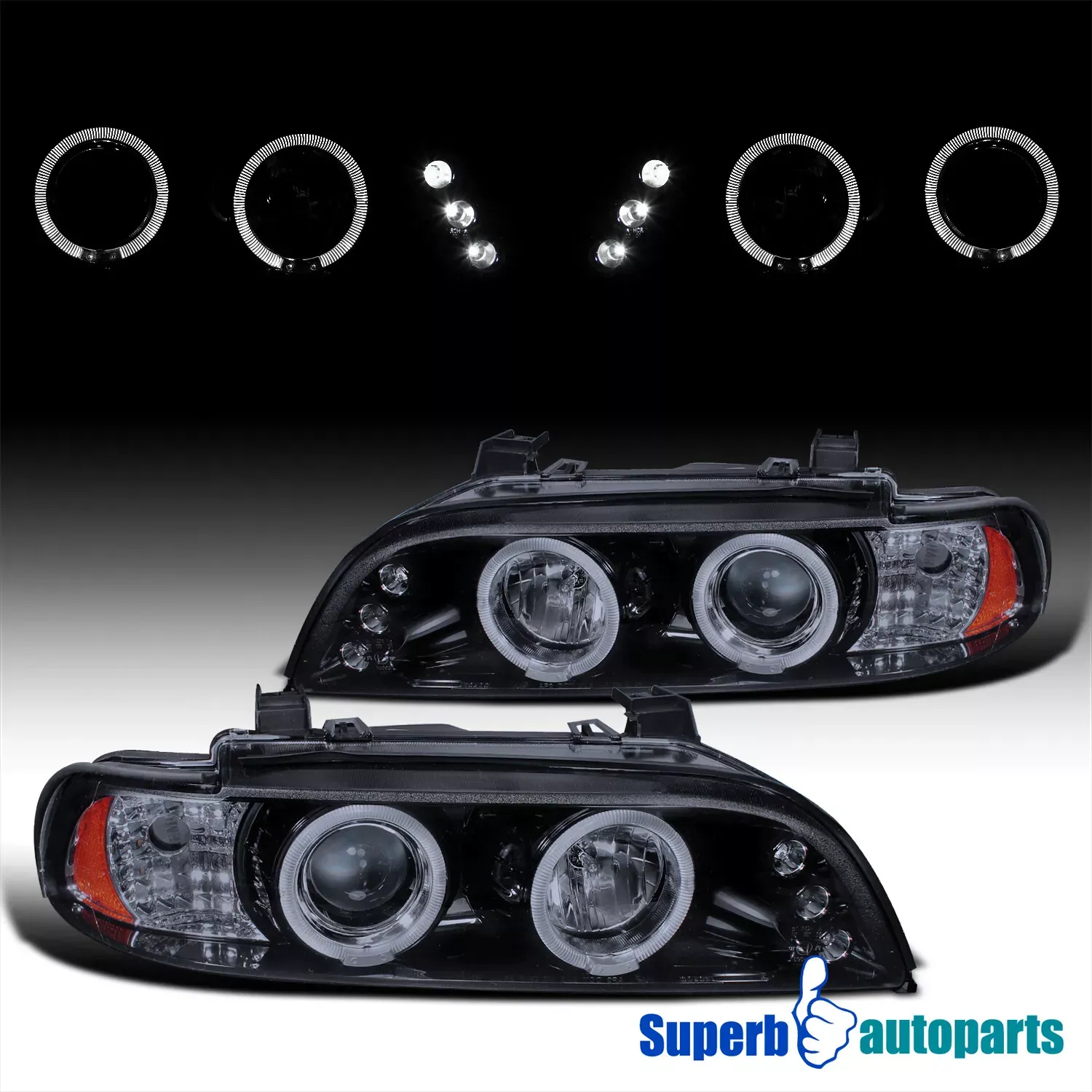 Fits 1996-2003 BMW E39 M5 LED Halo Projector Headlights Glossy Black Smoke