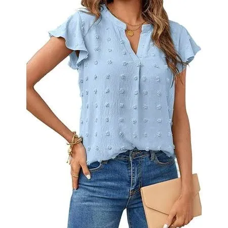 Women 2023 Summer V Neck Ruffle Short Sleeve Blouse Swiss Dot Flowy Shirt Tunic Top