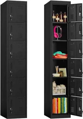 INTERGREAT Metal Locker for Employees with 6 Doors, (72") Black Steel Locker Storage Cabinet with 6 Tiers,Tall Office Storage Lockers for Home Office,School,Gym