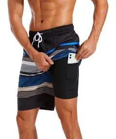 difficort Mens Swim Trunks with Compression Liner Quick Dry Bathing Suits Shorts with Zipper Pockets