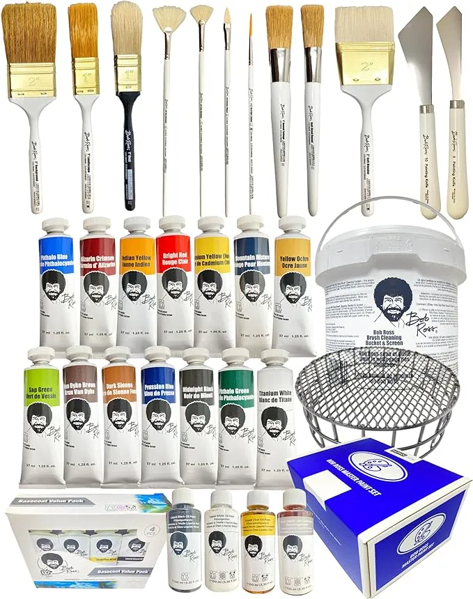 BobRoss Painting Supplies 33 Piece Complete Master Paint Set - Joy of Painting Kit w/ 10 Brush, 2 Knife, 14 Landscape Oil Colors, Base Coat 4-Pack,