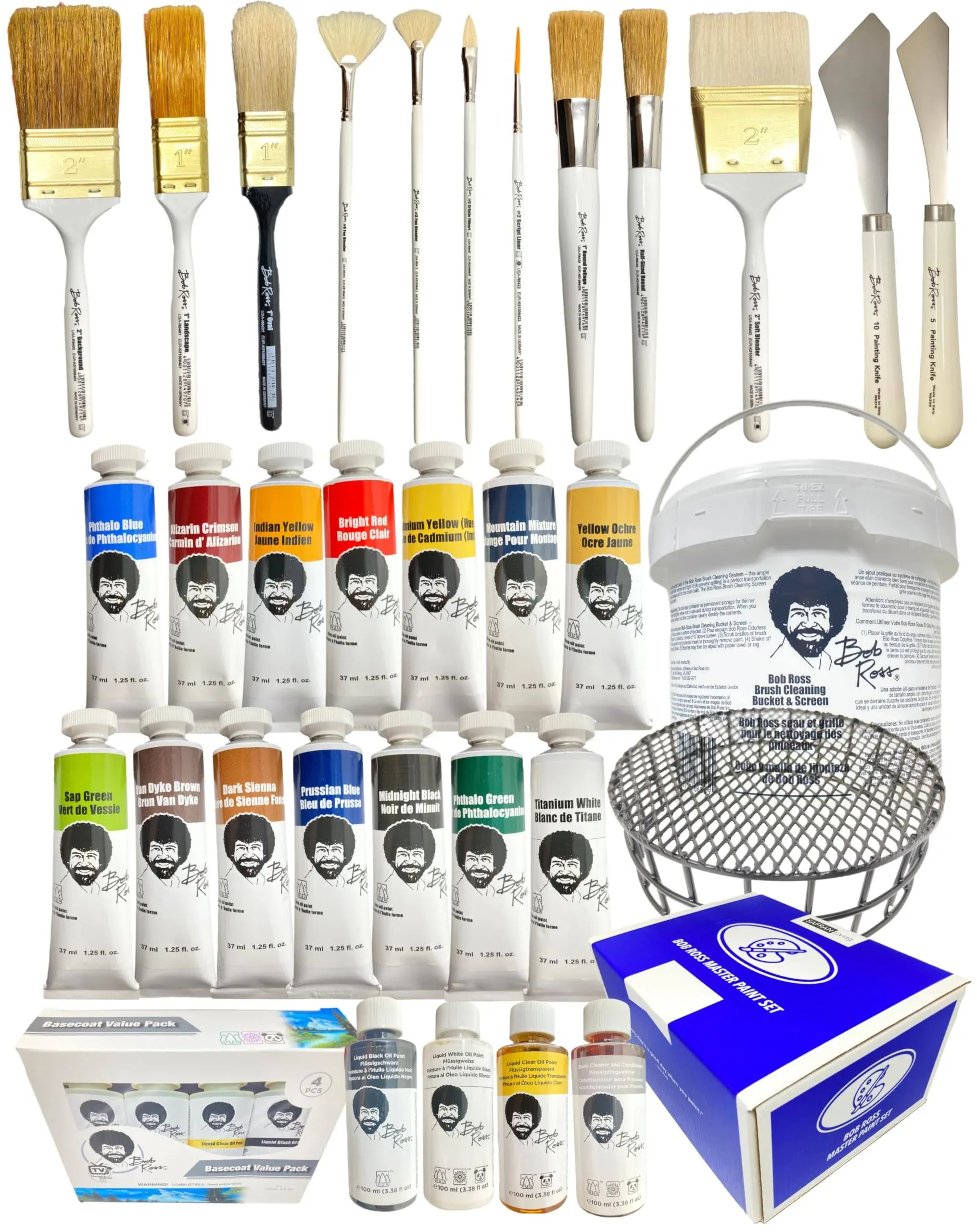 BobRoss Painting Supplies 33 Piece Complete Master Paint Set - Joy of Painting Kit w/ 10 Brush, 2 Knife, 14 Landscape Oil Colors, Base Coat 4-Pack,