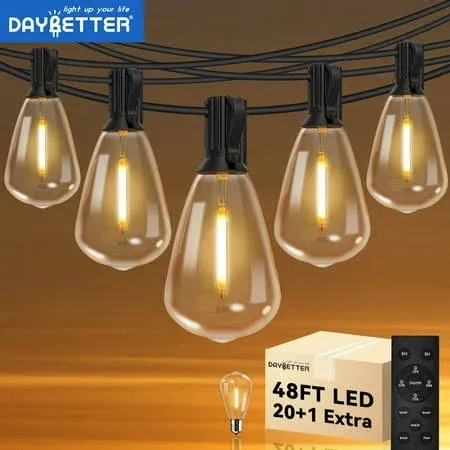 DAYBETTER 48FT String Lights Outdoor 24V Low Voltage Led Patio Lights with 20 Shatterproof ST38 Edison Bulbs Dimmable String Lights for Outside，Garden, Porch, Backyard, Halloween