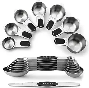 Spring Chef Magnetic Measuring Cups & Spoons Set (Patent Pending), Strong N45 Magnets, Heavy Duty Stainless Steel Fits in Spice Jars for Baking & Cooking, BPA Free, Round Set of 15 with Leveler, Black