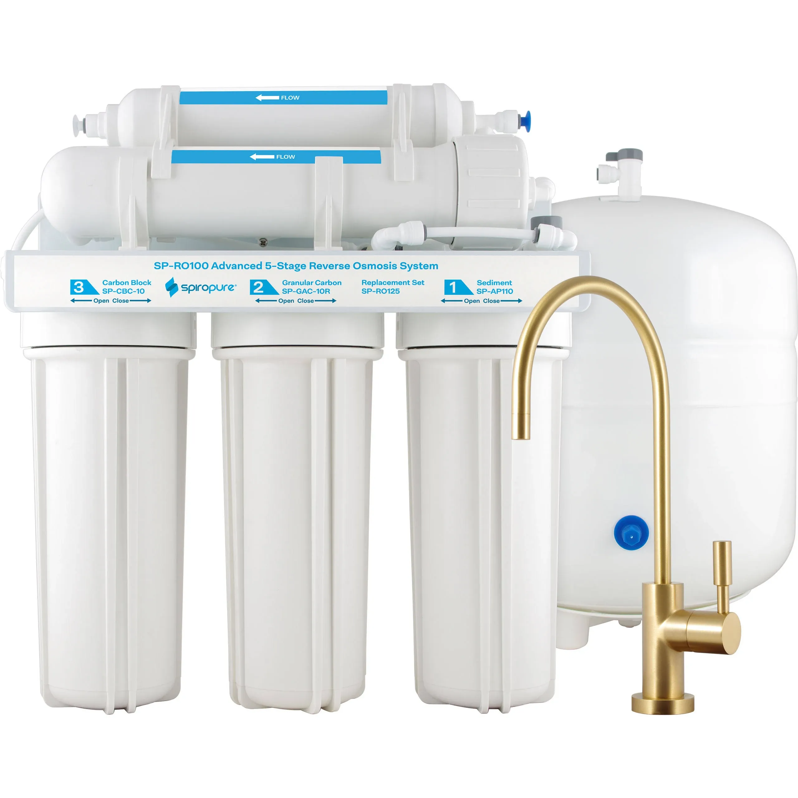 SpiroPure SP-RO100-GD 5-Stage RO Reverse Osmosis Water Filter System with Brushed Gold/Bronze/Brass Air Gap Faucet, 75 GPD, Under Sink RO Drinking Water Filtration System