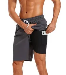 difficort Mens Swim Trunks with Compression Liner Quick Dry Bathing Suits Shorts with Zipper Pockets