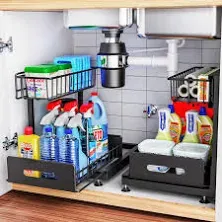 2-Tier Sliding Out Kitchen Basket Sink Shelf Cabinet Organizers Adjustable,Bla<wbr/>ck