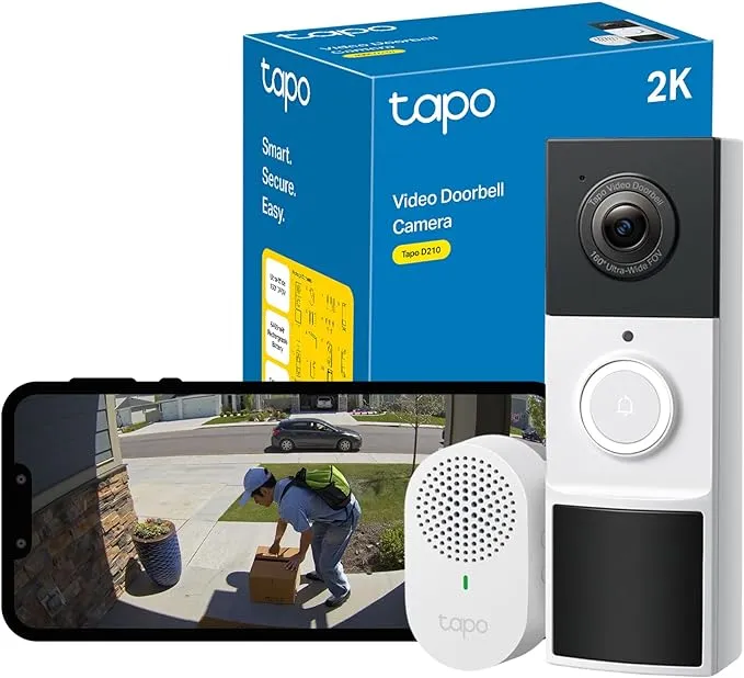 TP-Link Tapo Smart Battery Video Doorbell, Home Security System, 2K, 160° FOV, Flexible, Head-to-Toe,Two-way video, AI Detection, Color Night Vision,Ring Call,Anti-theft Alarm,local storage(Tapo D210)