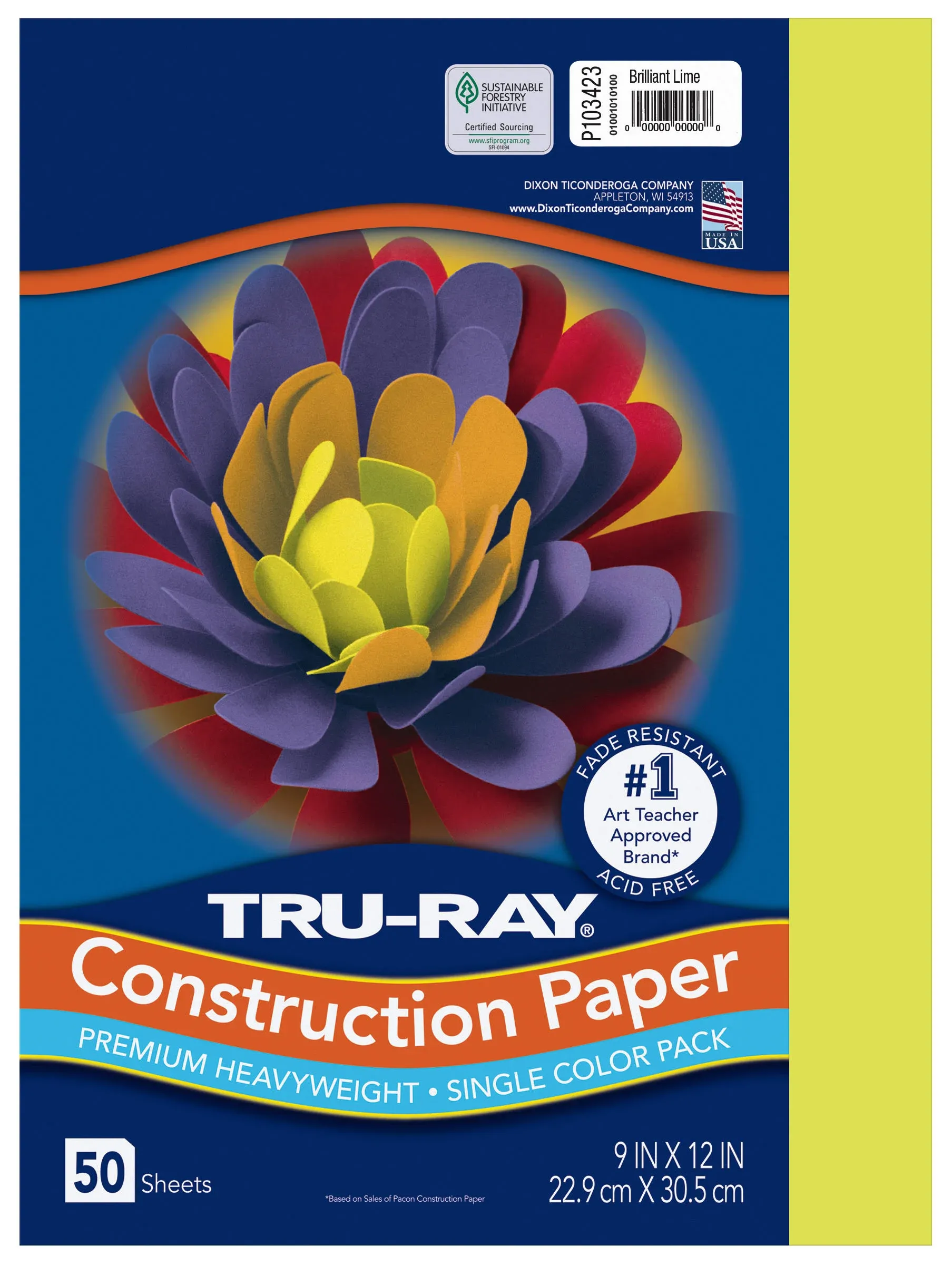 Tru-Ray Construction Paper, 76 lbs., 9 x 12, Brilliant Lime, 50