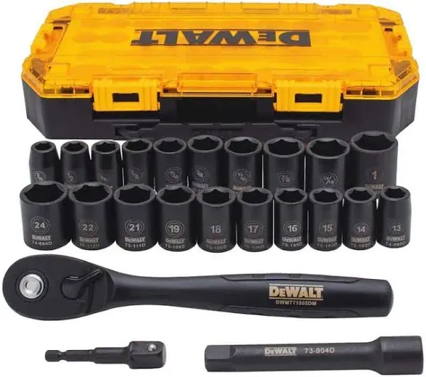 DEWALT Impact Socket Set, 1/2" Drive, For SAE and Metric Fasteners, 23-Piece, Retaining Pin Compatible, DirectTorque Technology for Better Grip(DWMT74739),One Size