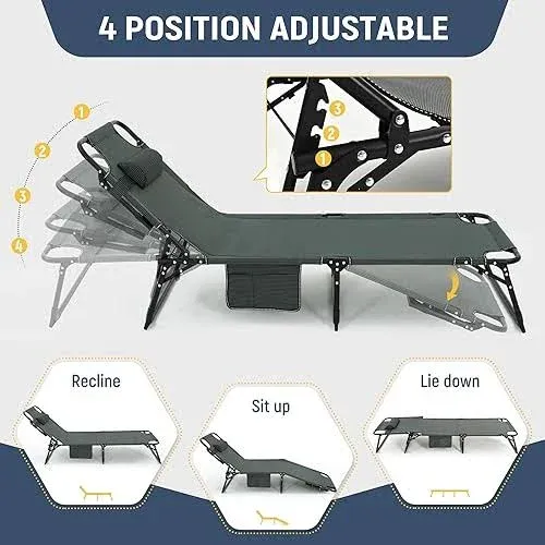 ropoda Camping Cot, Adjustable 4-Position Folding Cot with Cozy Mattress, Lawn Chair Camping Cots for Adults with Breathable Fabric Steel Frame, Lounge Chair for Camping, Spare Bed, Patio