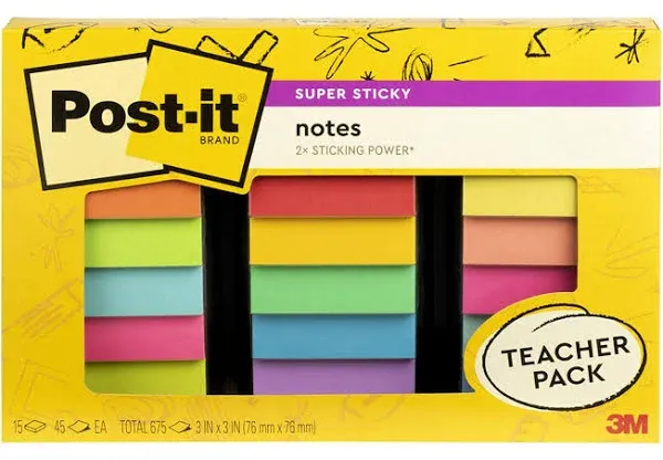 Post-It Notes Teacher Pack 3x3 Lot of 15 Packs (675 Sheets Total) Multicolor 3M