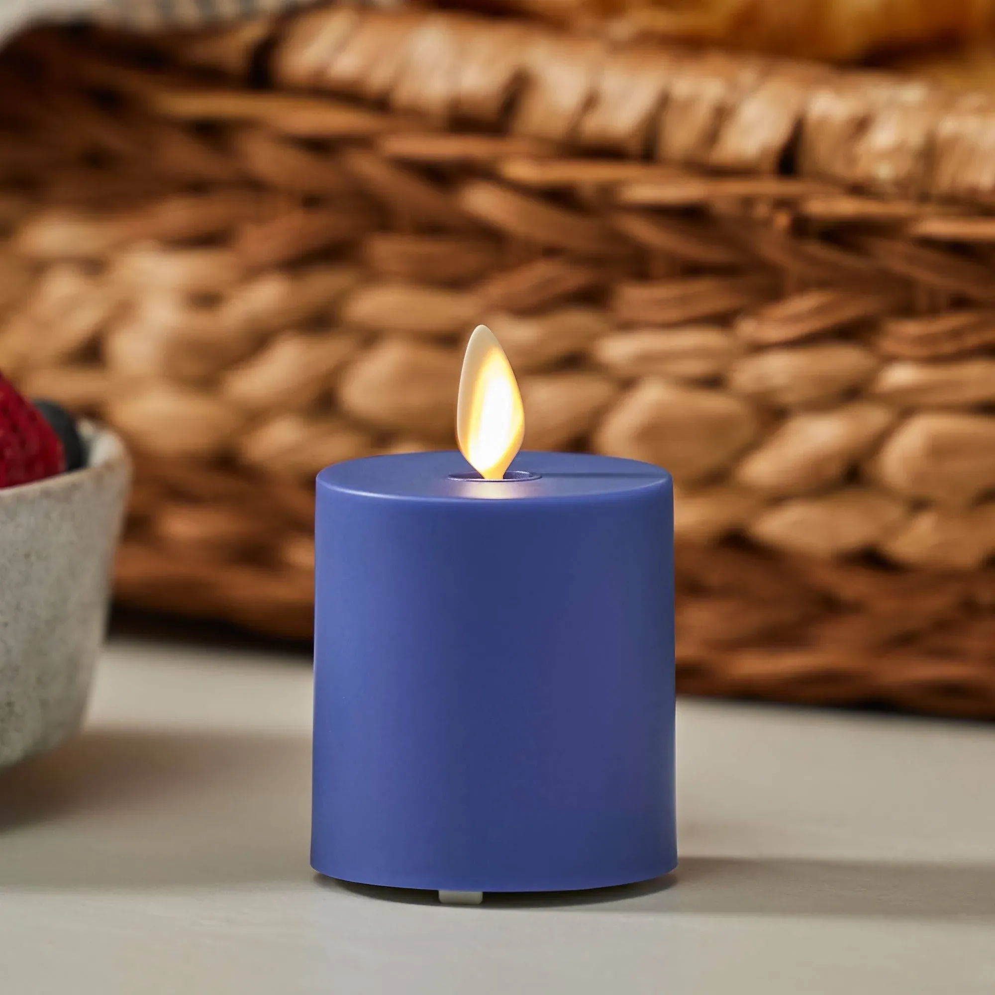 Luminara Vivid Ultramarine Outdoor Moving Flame Votive Realistic LED Candle (2"x3.2"), IPX4 Flat Smooth Matte Plastic Finish, Battery Operated (2 AAA) Timer