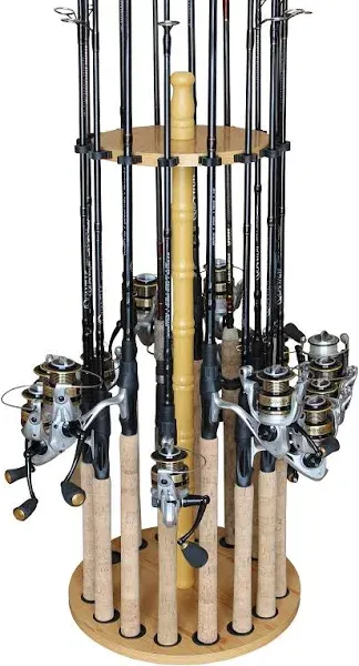 Rush Creek Creations 16-Rod Round Steel Post Fishing Rod Storage Rack, American Cherry