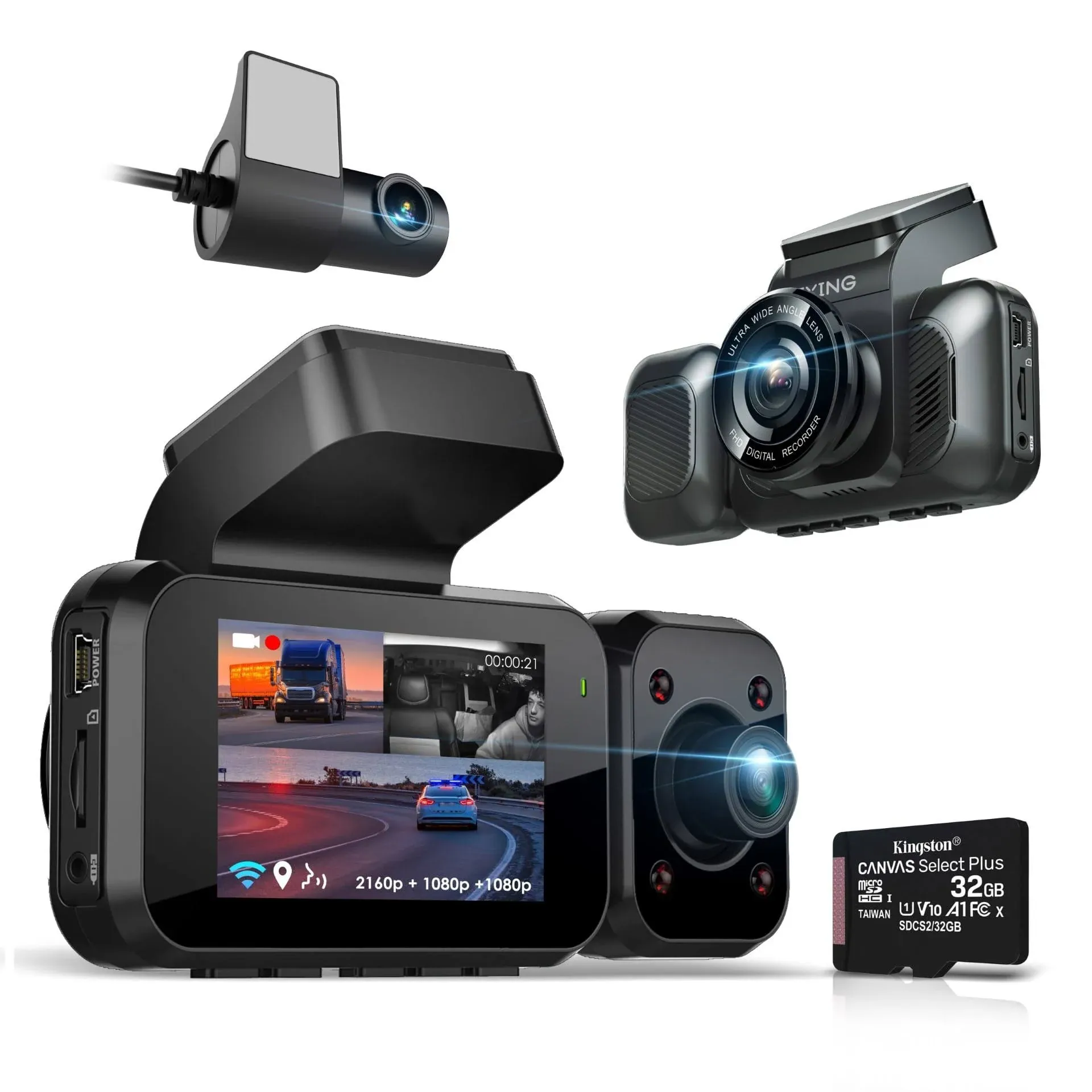 4K 3-Channel Dash Cam with Wi-Fi, GPS, Voice Control, G-Sensor, and Loop Recording – Super Capacitor, 170° Wide Angle, 32GB MicroSD Included