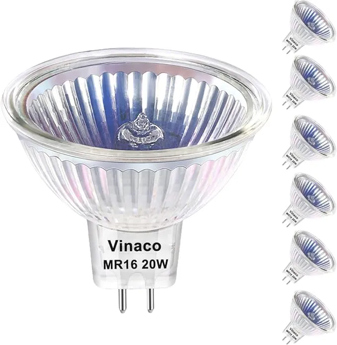 Vinaco MR16 Bulb, 6 Pack MR16 Halogen Bulb 20W 12V, Long Lifespan 3000Hrs MR16 12V 20W GU5.3 Base, 2800K Warm White MR16 Dimmable with Clear Glass Cover, MR16 GU5.3 for Landscape, Track Lights