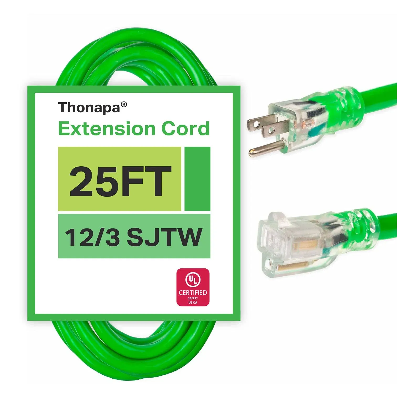 25 Ft Outdoor Extension Cord - 12/3 Heavy Duty Neon Green -3 Prong Grounded Plug