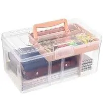 BTSKY 2 Layer Clear Plastic Dividing Storage Box with Removable Tray Multipurpose Stationery Storage Box with Handle Portable Sewing Box Art Craft Supply Organizer Home Utility Box (Big Pink)