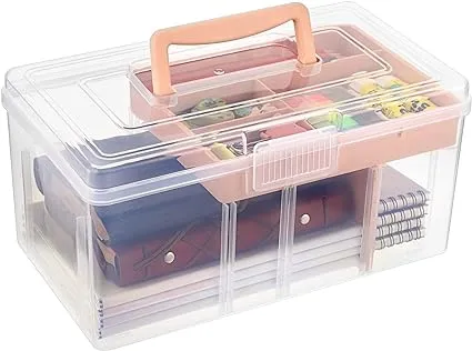 BTSKY 2 Layer Clear Plastic Dividing Storage Box with Removable Tray Multipurpose Stationery Storage Box with Handle Portable Sewing Box Art Craft Supply Organizer Home Utility Box (Big Pink)