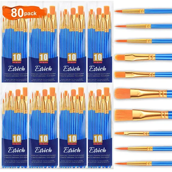 ESRICH Acrylic Paint Brushes Set,8Packs /80 Pcs, Nylon Head, Suitable for Oil,