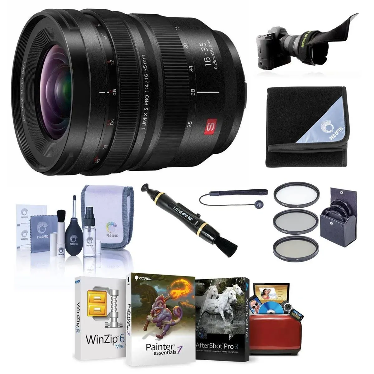 Panasonic 16-35mm f/4.0 Lumix S Pro L-Mount Lens - Bundle with 77mm Filter Kit, Flex Lens Shade, Lens Cleaner, Lens Wrap, Capleash, Cleaning Kit, Mac