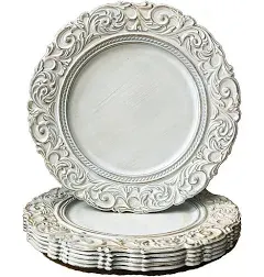 Umisriro Antique Charger Plates 13 Inch White Dinner Plate Chargers Round Server Ware. Set of 6 Plastic Embossed Charger for Dinner