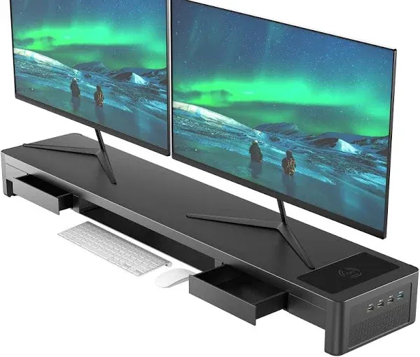 Dual Monitor Stand Riser with Drawers and Audio,4 USB Ports and Charging Pad,...