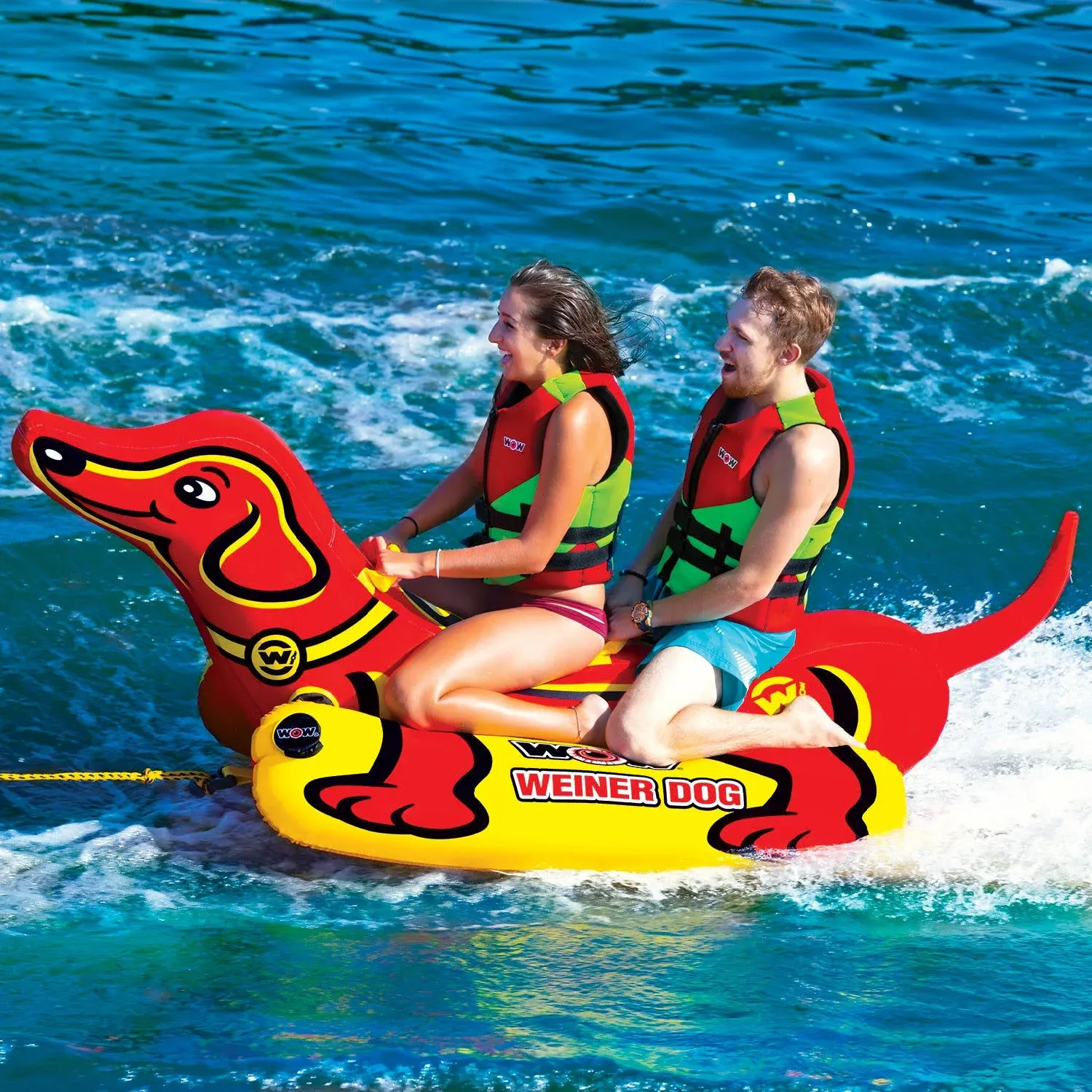 WOW Sports Weiner Dog Towable Tube for Boating, Towable Tube with Large Side Pontoons for Easy Boarding, 1 to 2 Person Towable