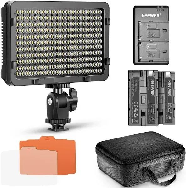 Neewer Dimmable 176 LED Video Light Lighting Kit: 176 LED Panel 3200-5600K, 2 Pieces Rechargeable Li-Ion Battery, USB Charger and Portable Durable