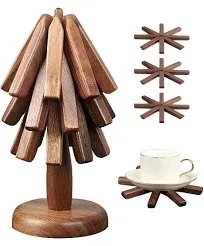 Natural Wood Trivets for Hot Dishes,Foldable Wooden Tree Trivet Hot Plate Mat,Set of 3 Walnut Wood Trivet Tree Hot Pads for Kitchen,Multifunction