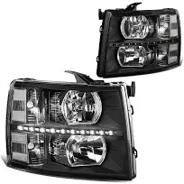 DNA Motoring HL-LED-CSIL07-BK-CL1 For 2007 to 2014 Chevy Silverado 1500 2500 3500 LED DRL Strip Headlight Black Housing Clear Corner Headlamp 08 09 10 11 12 13 Left + Right