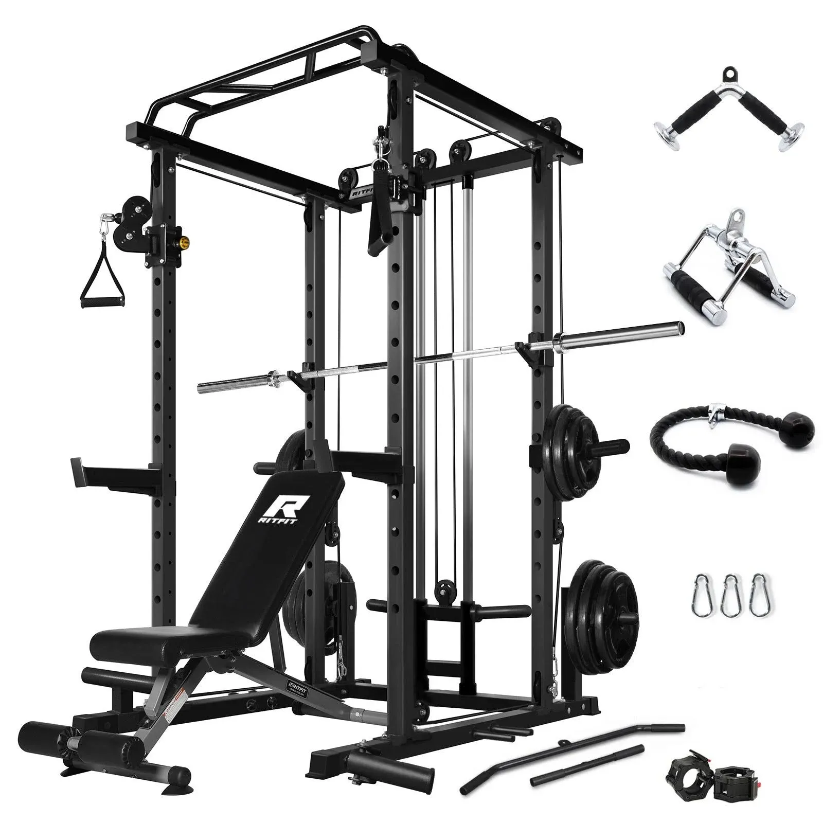 RitFit Multi-Function Squat Rack Power Cage PPC03 with Cable Crossover System, 1000LBS Capacity Power Rack and Packages with Optional Weight Bench, Barbell Weight Set, for Garage Workout & Home Gym