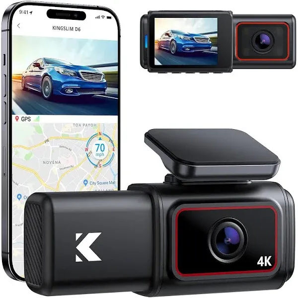 Kingslim D6-4K Dual Dash Cam - WiFi & GPS 4K Front and 1080P Inside Type-C Uber Car Camera with Super Night Vision and 24-Hour Parking Monitor, 3 Channel Dash Cam Optional, Black