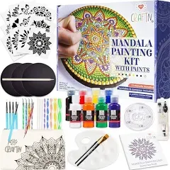 Complete Beginner's Mandala Painting 48 Piece Kit with Acrylic Paints, Reusable Stencils and Dotting Tools. Fun Rock Art & DIY Craft Project. Starter Activity Pack and Gift for Teens and Adults