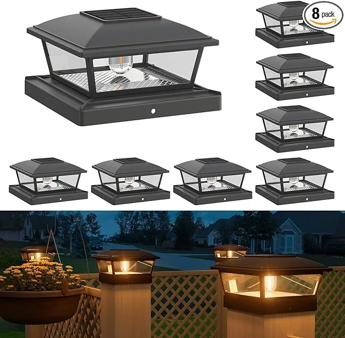 APONUO Solar Post Lights Outdoor, 2 Modes Edison LED Bulbs Solar Post Cap Lights for 4x4 5x5 6x6 Vinyl Wooden Posts Waterproof Fence Post Lights Solar Powered for Deck/Fence/Porch (Black, 8 Packs)