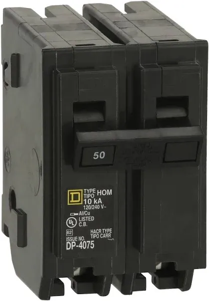 Plug In Circuit Breaker, HOM, Number of Poles 2, 50 Amps, 120/240VAC, Standard